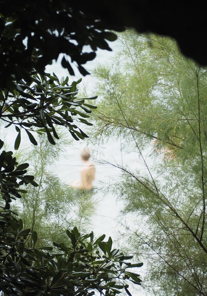 Fotografía: bañista entre ramas y reflejos
