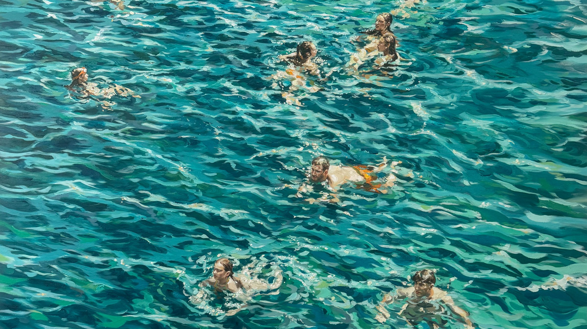 Pintura al óleo: bañistas en un mar turquesa