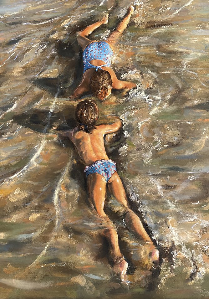 Pintura al óleo: dos niños tumbados en la orilla