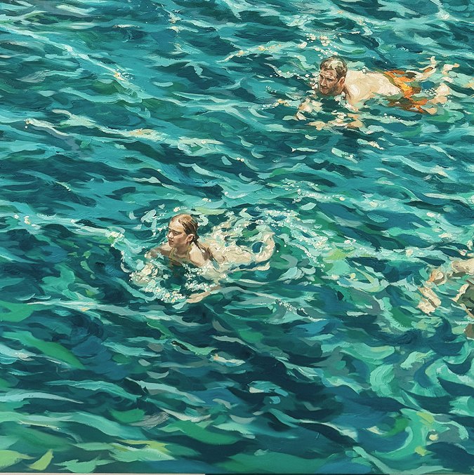 Pintura al óleo: bañistas en el mar